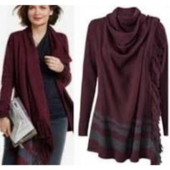 Cabi Port Fringe Wrap Knit Cardigan Sweater w/Sleeves Maroon Gray Size Small - Picture 1 of 8